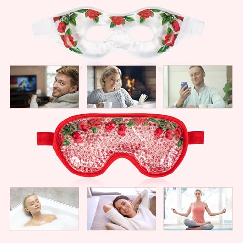 LEOSTEP 4 PCS Cooling Eye Mask Set - Ice Face Mask with Rose Essential Oil, Cold Eye Compress and Reusable Gel Pads for Eyes Puffiness, Migraine Headache, Dark Circles, Dry Eyes