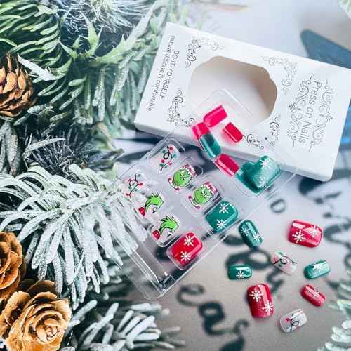 Christmas Press on Nails Short Square Fake Nails with Snowflake Green Monster Cute Cartoon Designs Xmas Nails Glitter Red Green Winter False Nails Full Cover Christmas Glue on Nail for Women 24Pcs