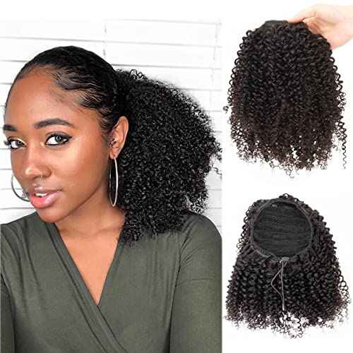 Curly Ponytail Extension Human Hair for Black Women Girls Invisible Kinky Curly Ponytails Afro Puff Drawstring Ponytail Afro Puffs 14 Inch #1B Natural Black