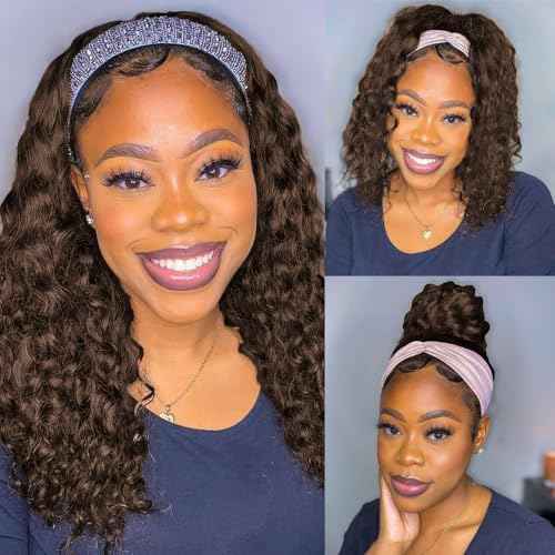 Chocolate Brown Deep Wave Headband Wig Human Hair #4 Colored Curly Headband Wigs for Black Women Human Hair Glueless None Lace Front Wigs Brazilian Virgin Hair Wig Machine Made 150% Density 16 Inch