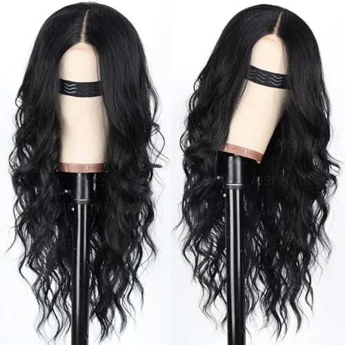 Black Long Wavy Wig with Lace Hairline - 26 Inch