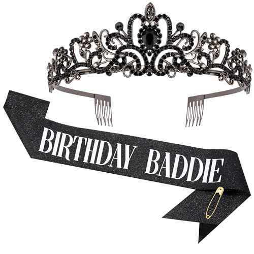 Birthday Baddie Sash and Crown for Women Girls - Black Glitter with Silver Foil Birthday Girl Sash and Crown Funny Birthday Party Favor Supplies