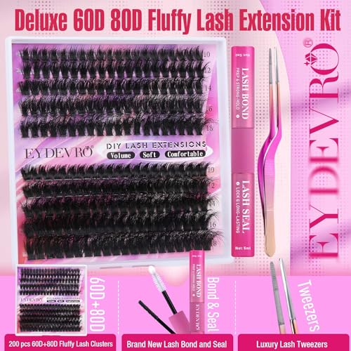 Eyelash Extension Kit Thick Lash Extension Kit D Curvature Lash Clusters Kit Volume Individual Lashes 200 Pcs DIY Lash Extension Kit with Lash Bond and Seal Lash Tweezers (60D80D,10-18mm) by EYDEVRO