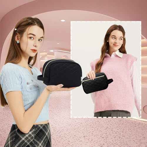 MAXTOP Black Quilted Makeup Bag Small Makeup Pouch for Women Travel Essentials Waterproof Travel Bag for Cosmetics Toiletries Accessories£¨Black£©