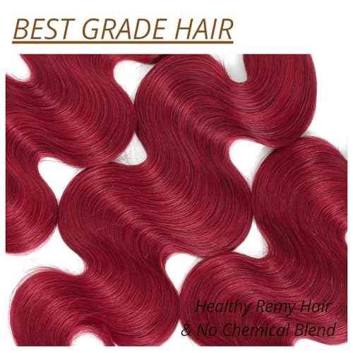 12A Burgundy Red Bundles with Closure 2x6 Human Hair Body Wave 16 18 20+16 Inch, 3 Bundles and 2x6 HD Transparent Lace Closure Human Hair Deep Part Cherry Red 99J Colored Bundles Quick Weave