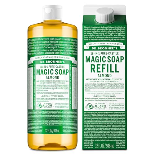 Dr. Bronner's Pure-Castile Magic Soap Liquid- Made with Regenerative Organic Certified Oils- For Body, Face, Hair, Dishes, Laundry, Vegan Bath Soaps for Men & Women, Non-GMO- Almond, 32oz + Refill
