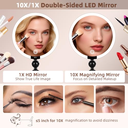 6-Inch LED Makeup Mirror 10X/1X Magnification, Rechargeable