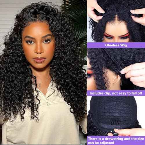 Deep Wave Half Wig Human Hair 3 In 1 Seamless Flip Over Half Wigs 180 Density 26 Inch Drawstring Curly Half Wigs for Women Human Hair Glueless Wear and Go Half Up Half Down Headband Wig Human Hair
