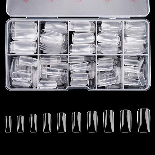 Full Cover Acrylic False Nail Tips, 500PCS Fake Nail Shape Artificial False Nails Tips 10 Sizes with Case for Nail Art Salons and Home DIY(Clear)