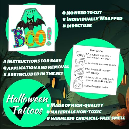 Glow in the Dark Halloween Temporary Tattoos, 100 Pcs