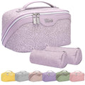 BOYATU Travel Makeup Bags Cosmetic Organizer Bag: 3-Set Large Capacity Make up Bag - PU Leather Toiletry Bags for Women - Wide Open Portable Pouch with Divider & Handle (02-Z-Violet)