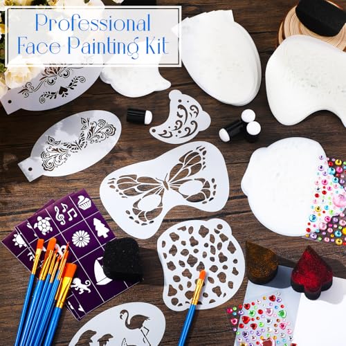 Thenshop 89 Pcs Face Paint Stencils Kits Includes 61 Reusable Facial Painting Stencils with 6 Stickers 12 Face Paint Sponges 10 Painting Brushes Tattoo Templates for Party Adults Makeup