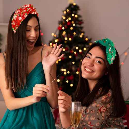 MOSOTECH Christmas Headbands for Women, Candy Cane Crystal Pearl Top Knotted Holiday Headbands, Christmas Outfits Costume Xmas Headpiece Hair Accessories, Ugly Sweater Party Favors Gifts (Red)
