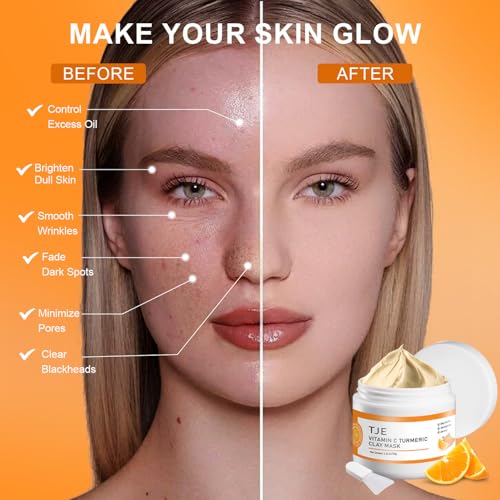 TJE Turmeric Face Mask with Vitamin C, Turmeric Vitamin C Clay Mask for Dark Spots, Dull Skin, Cleansing Pores & Blackheads, Moisturizing & Improve Uneven Skin Tone