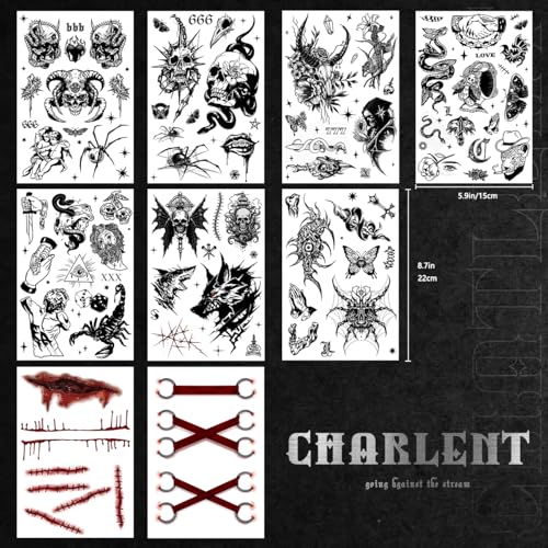 Gothic Temporary Tattoos for Men Women Adult - 9 Sheets Large Fake Tats for Men - Halloween Demon Skull Snake Scorpion Fake Tattoos for Arm Chest Sleeve