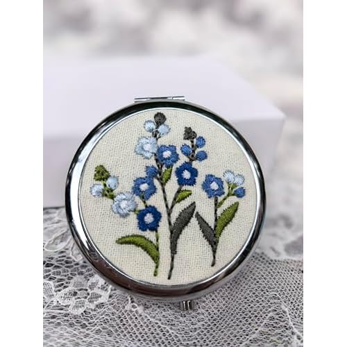 Leimandy 4-Pack Embroidered Compact Mirrors - Double-Sided 1x/2x Magnifying Bridesmaid Pocket Mirror Foldable Makeup Mirror for Wedding Shower | Birthday | Graduation Gifts L2 (Blue ForgetMeNot)