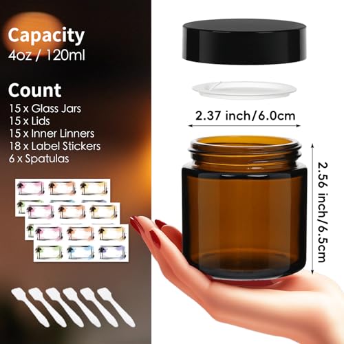 15 Pack 4 oz Glass Jars with Lids, Amber Refillable Containers with Inner Liners - Empty Cosmetic Jars with Labels & Spatulas for Makeup Lotion Candles Jam Storage