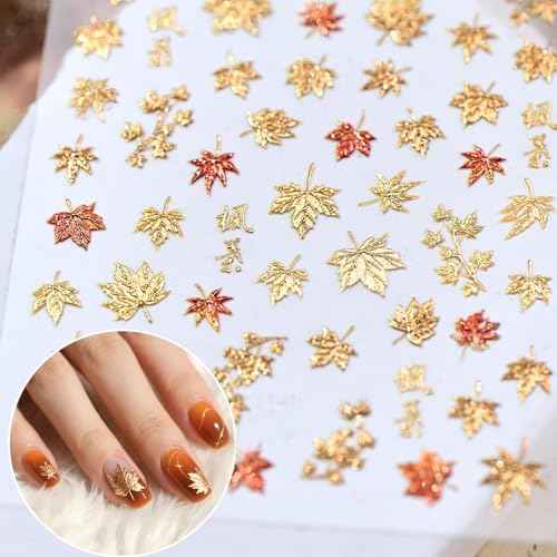 1 Sheet Fall Nail Stickers for Nail Art Autumn Maple Leaves Nail Decals 5D Embossed Thanksgiving Day Gold Maple Leaf Nail Art Supplies Red Leaf Nails Accessories for Women Acrylic Nails Decoration