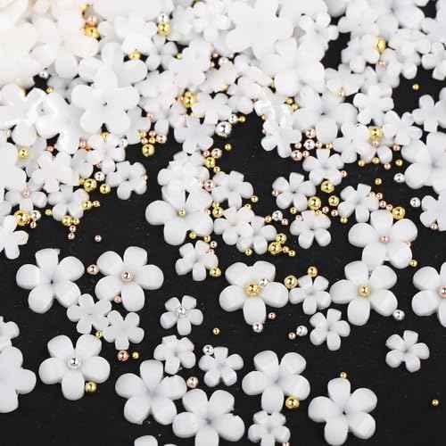 Nail Charms, 1000Pcs 3D Flower, White Acrylic, Metal, Pearl, Mix Sized, Spring Cherry Blossom Gems Design for Women Nail Decorations