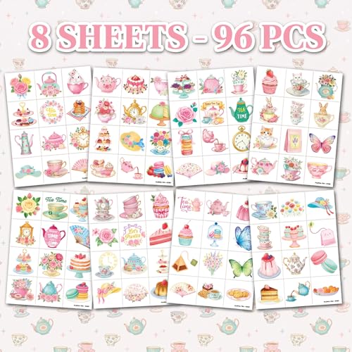 96 PCS Spring Floral Tea Party Temporary Tattoos for Kids