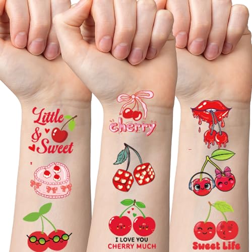 Cherries Party Temporary Tattoos - 280 Pcs Funny Fruit Themed Birthday Party Favors, Cute Cherries Designs Party Supplies Decorations(8 Sheets)
