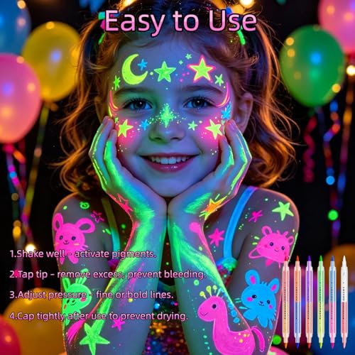 UV Neon Face Paint Markers - 6 Dual-Ended Pens, 12 Colors