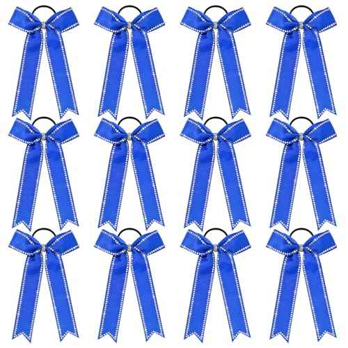DEEKA Long Tail Rhinestones Cheer Bows 12 PCS Collegiate Style Full Rhinestone Skinny Ponytail Holder Handmade for Girls Teens Cheerleader Sports (Royal Blue)