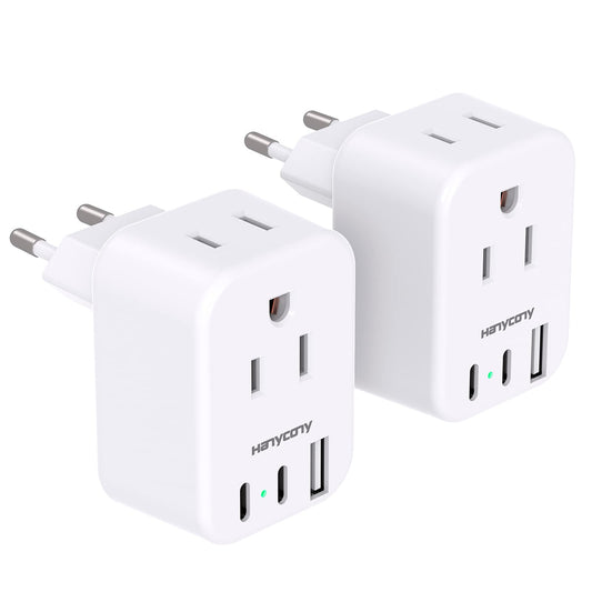 European Travel Plug Adapter for International, Italy Spain Power Adapter, 2 Outlets 2 USB C Ports, Type C Adapter Travel Cruise Essentials for Amercian US to Most Europe France Germany EU, 2 Pack