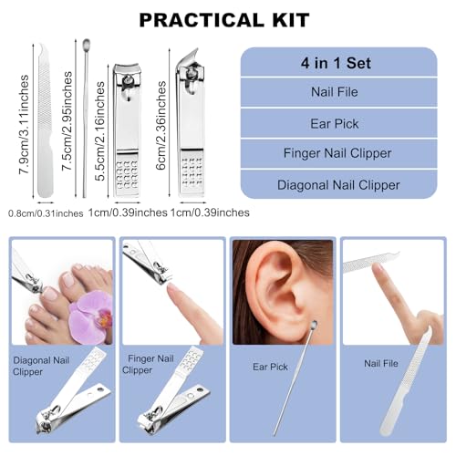50 Sets Finger Nail Clipper Set Bulk,4 in 1 Adult Stainless Steel Travel Manicure Kit with Case Individually Wrapped Nail Clippers Bulk for Homeless,Hotel,Charity(2 Colors)