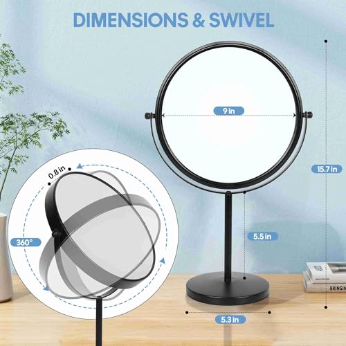 Large Size Tabletop Makeup Mirror with Magnification, 9-Inch Double-Sided 360¡Æ Swivel Free Standing Vanity Mirror, 1X/10X Magnifying Mirror with Stand for Bathroom & Bedroom, Matte Black, No Light