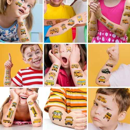 12 Sheets Temporary Tattoos for Kids, School Bus Birthday Party Supplies Decorations Transportation Stickers Cute Fake Tattoos Party Favors for Children Toddler School Classroom Reward