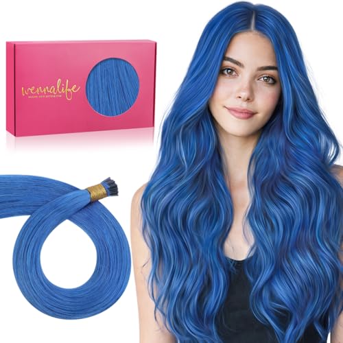 WENNALIFE Blue Remy Human Hair I Tip Extensions 14-24 Inch, 25g, Seamless Fusion