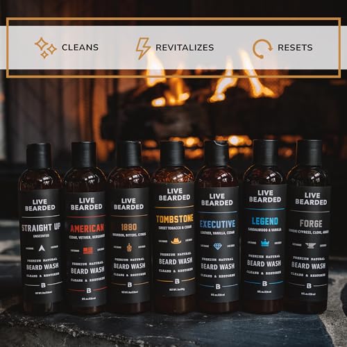 Live Bearded Beard Wash, 8 fl oz - Water-Based Face Cleanser with All-Natural Ingredients for a Gentle, Deep Clean - Made in the USA | Executive Scent - Cedar, Vanilla