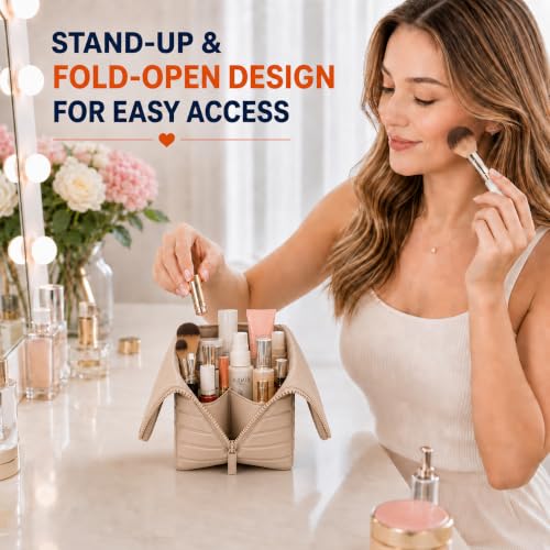 Travel Makeup Bag with Stand-Up Design, 27 Pockets
