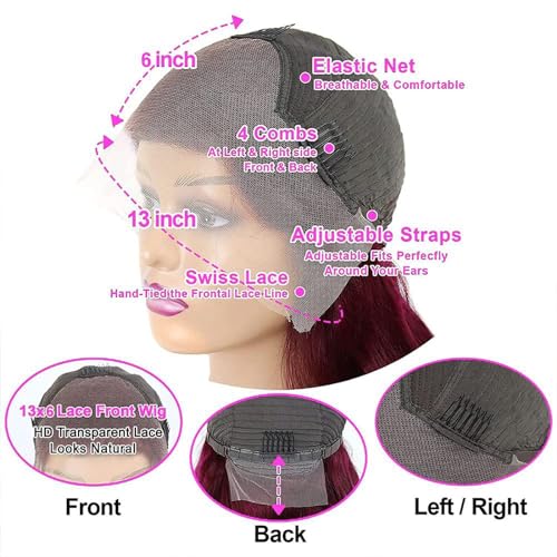 28" 99J Burgundy Lace Front Wig - 180% Density Human Hair