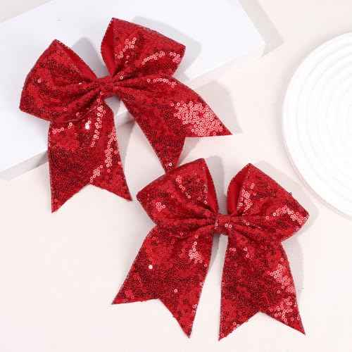 OAOLEER 2PCS Glitter Cheer Hair Bow Clips for Girls, 7 inch Red Sequin Large Hair Bows Hair Accessories for Girls Teen Softball Cheerleader (Red)