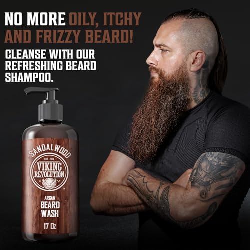 Viking Revolution Beard Wash Shampoo w/Argan & Jojoba Oils - Softens & Strengthens - Sandalwood Scent - 17 oz Shampoo