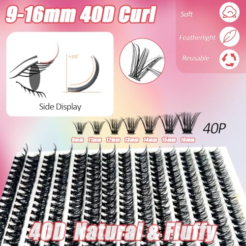 DIY Lash Extension Kit with 280 PCS 9-16mm 40D Lashes Clusters 200ml/6.7fl.oz Lash Cleanser Eyelash Shampoo Mini USB Portable Lash Fan Bond and Seal Remover Eyeliner Eyelid Cleaning Brush