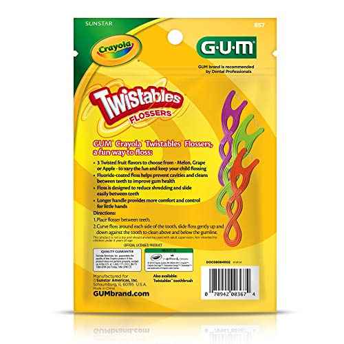 GUM Crayola Twistables Kids Flossers with Fluoride - Designed for Little Hands - Three Fun Fruit Flavors - Easy to Use Kids Floss Picks for Children Ages 3+, 75 ct (4pk)