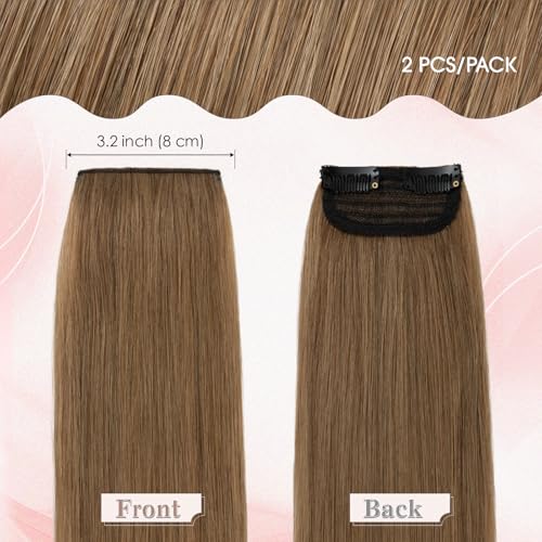 SEGO Clip in Hair Extensions for Women, 100% Remy Human Hair, Mini Hairpieces with 2 Clips, Short Extensions to Add Hair Volume, 2 Pcs, 12 Inches, 34g, Light Brown