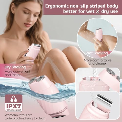 4-in-1 Electric Razor for Women, Bikini Trimmer & Facial Hair Remover, Rechargeable Cordless Dual-Head Shaver, IPX7 Waterproof, Painless & Hypoallergenic for Sensitive Areas, Pink