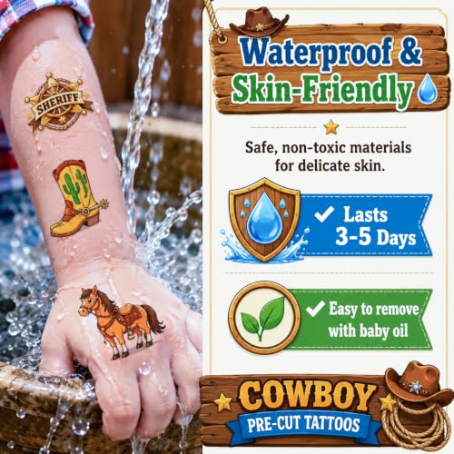 96 Cowboy Temporary Tattoos for Kids | Western Party Favors