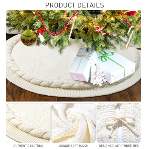 Knitted Christmas Tree Skirt 48 inches - Cream Cable Knit Christmas Tree Skirt - Thick Rustic Farmhouse Christmas Tree Skirt Decorations - Xmas Holiday Home Party Decor(Cream)