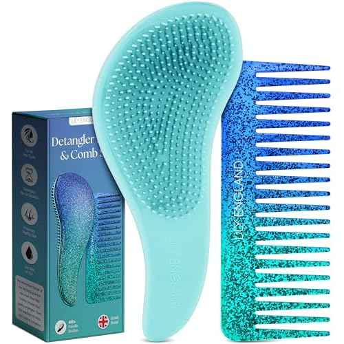 Detangler Brush & Wide Tooth Comb Hair Brush Gift Set - Ideal Gifts Under 10 Dollars for Womens Stocking Stuffers & Teenage Girls Gifts Ideas, Blue