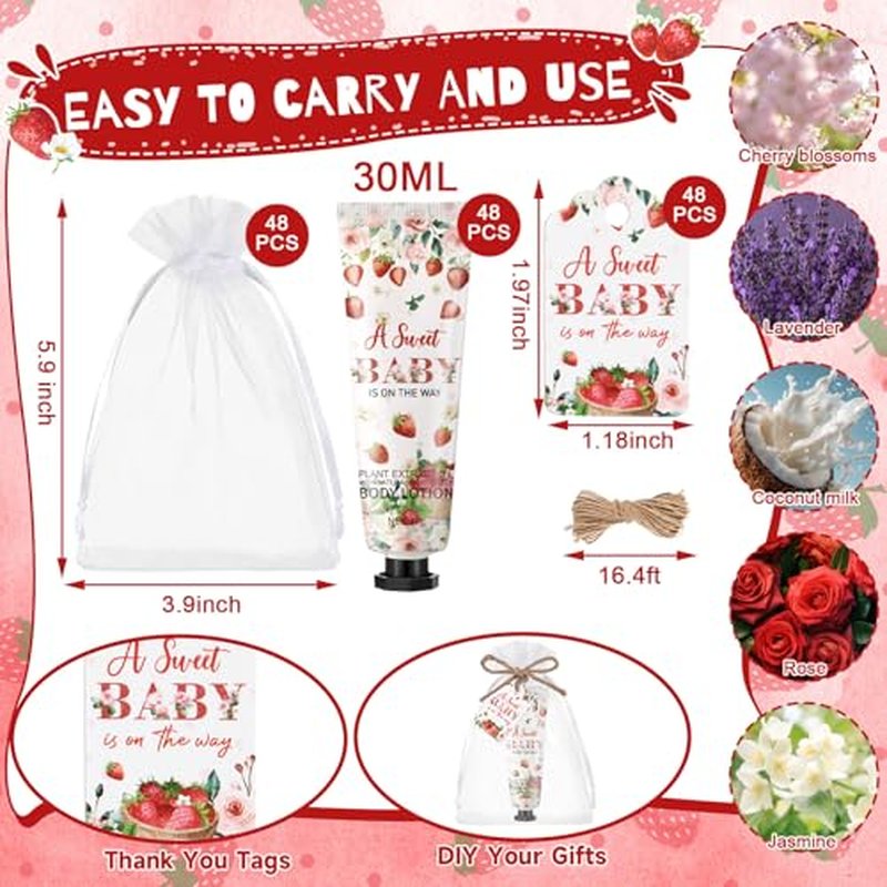 48 Sets Strawberry Baby Shower Favors for Guests Berry Sweet Hand Creams Body Lotion Baby Shower Party Supplies Thank You Gift Travel with Bag Tag for Birthday Gender Reveal Return Gifts