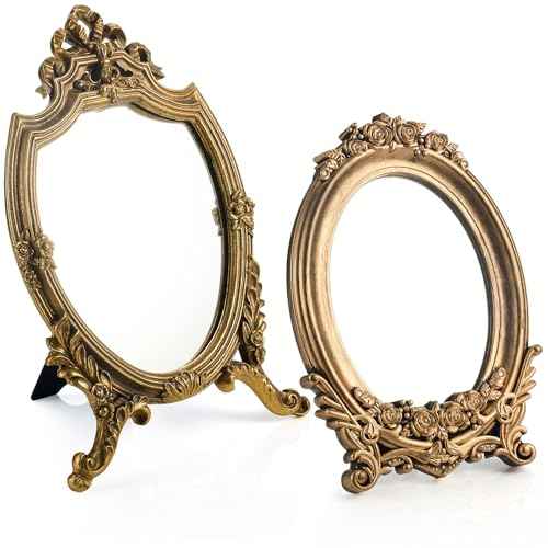 2 Pcs Small Gold Vintage Mirror Antique Vanity Makeup Desk Mirror Traditional Arch Tabletop Mirrors with Stand Baroque Decorative Wall Art for Living Room Bedroom Dresser Decor