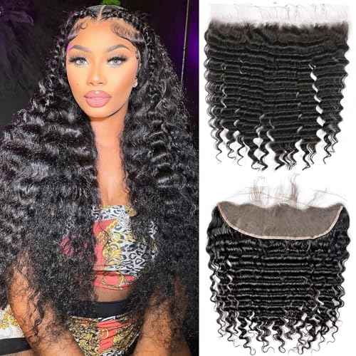 13x4 Lace Frontal Closure Ear to Ear Full Lace Frontal Closure Brazilian Deep Wave Human Hair Frontal Free Part Pre Plucked With Baby Hair 150 Density Natural Black 16 Inch