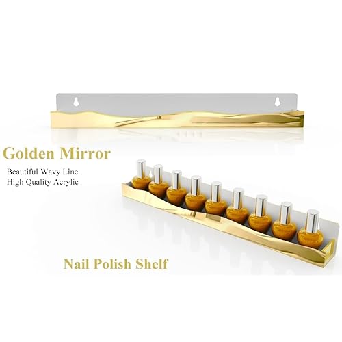 12 Pack Gold Mirror Nail Polish Racks 15 Inch Acrylic Wall Mount Shelves with Stopper for Nail Polish Organizer, Picture Frames, Books, Home Dec