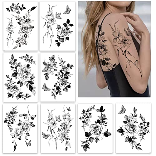 Temporary Tattoo Stickers for Women - 8 Sheets Large Flower