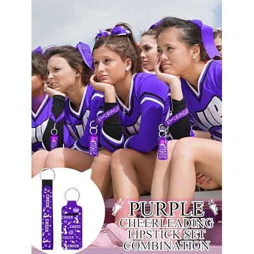 24 Pcs Cheerleader Gifts Bulk Cheer Lipstick Holder Keychain Lanyard Set Cheerleader Party Favor Cheer Theme Portable Lipstick Holder and Lanyard for Team Sports Supplies(Purple)
